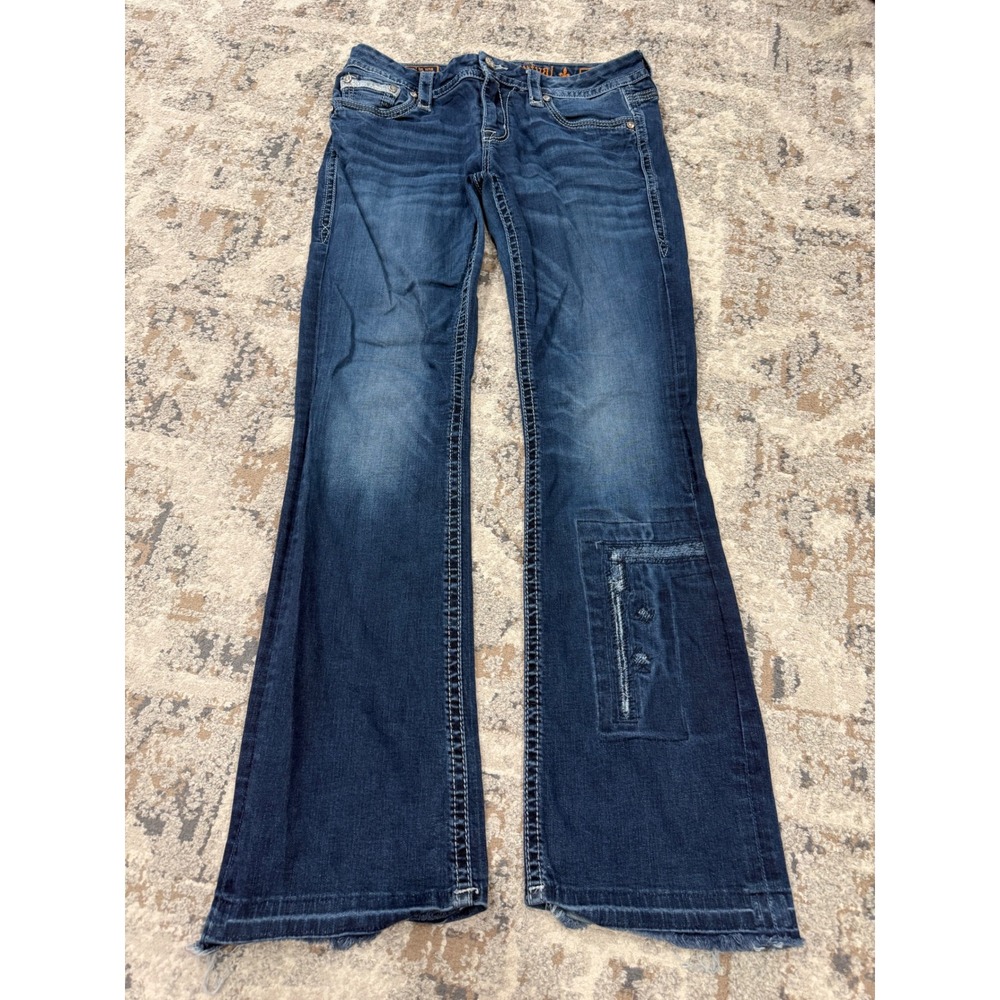 Rock Revival Betty Easy Boot Jeans Dark Wash Distressed Frayed Hem Size 30